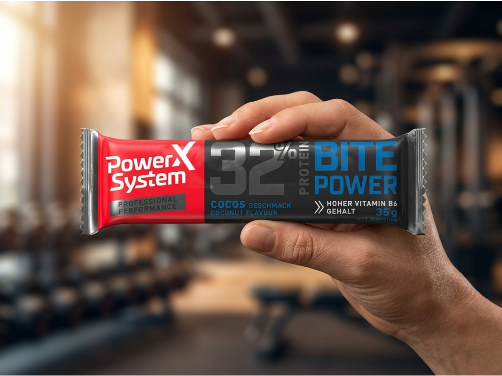 Power System proteinová tyčinka kokos držená v ruce