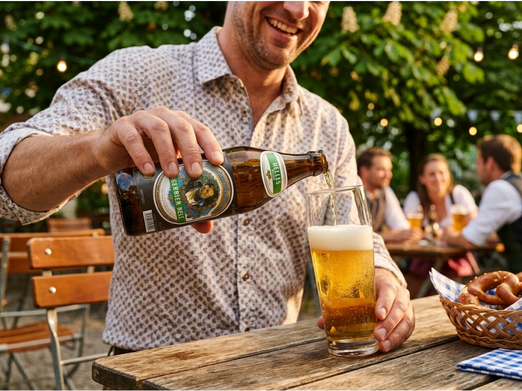Muž si nalévá Augustiner Lagerbier Hell