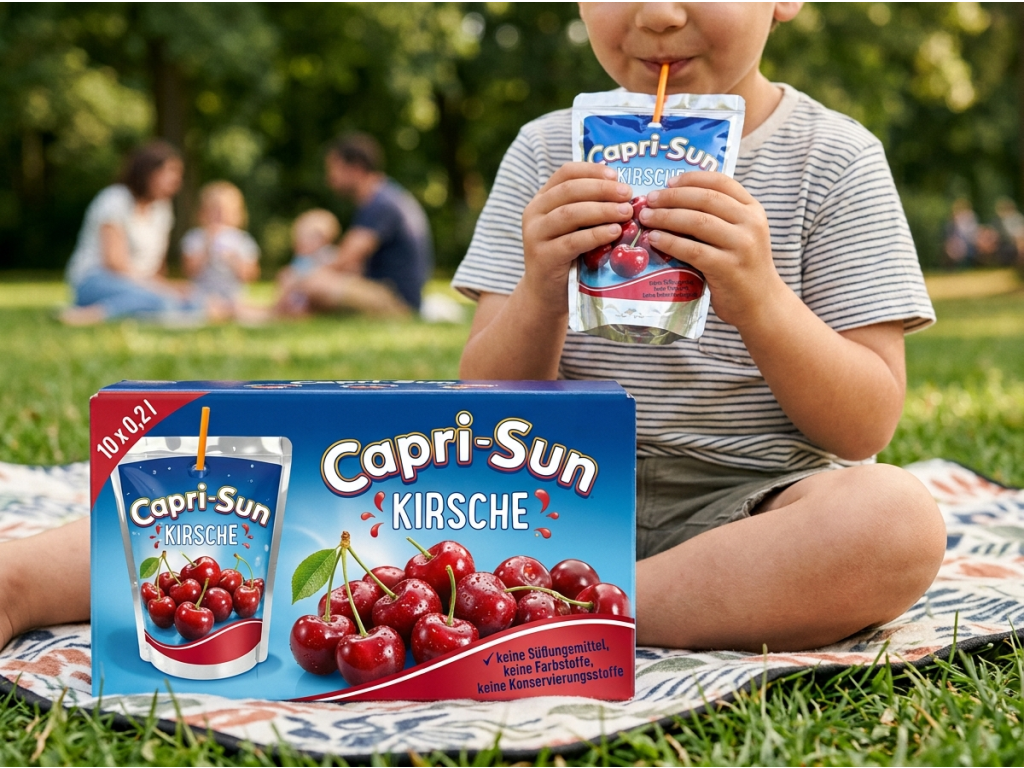 Dítě pije Capri-Sun Třešeň se slámkou