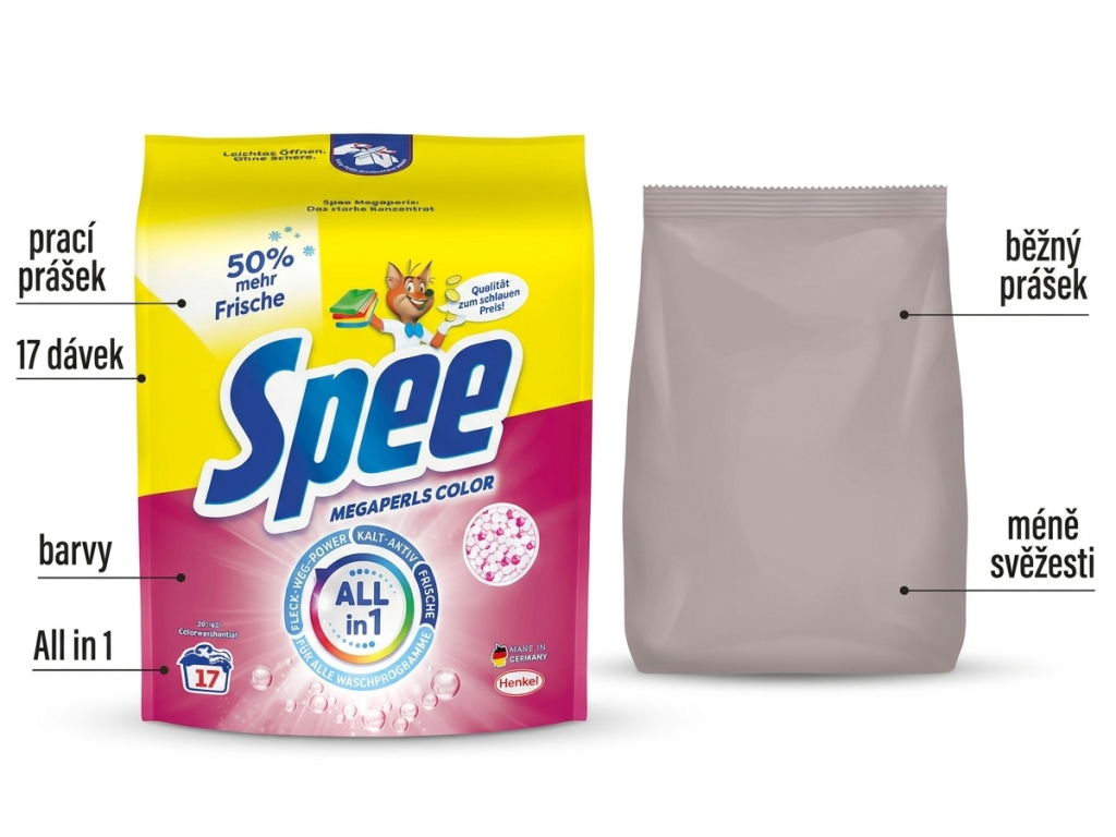 Srovnání Spee Color Megaperls s běžným pracím práškem