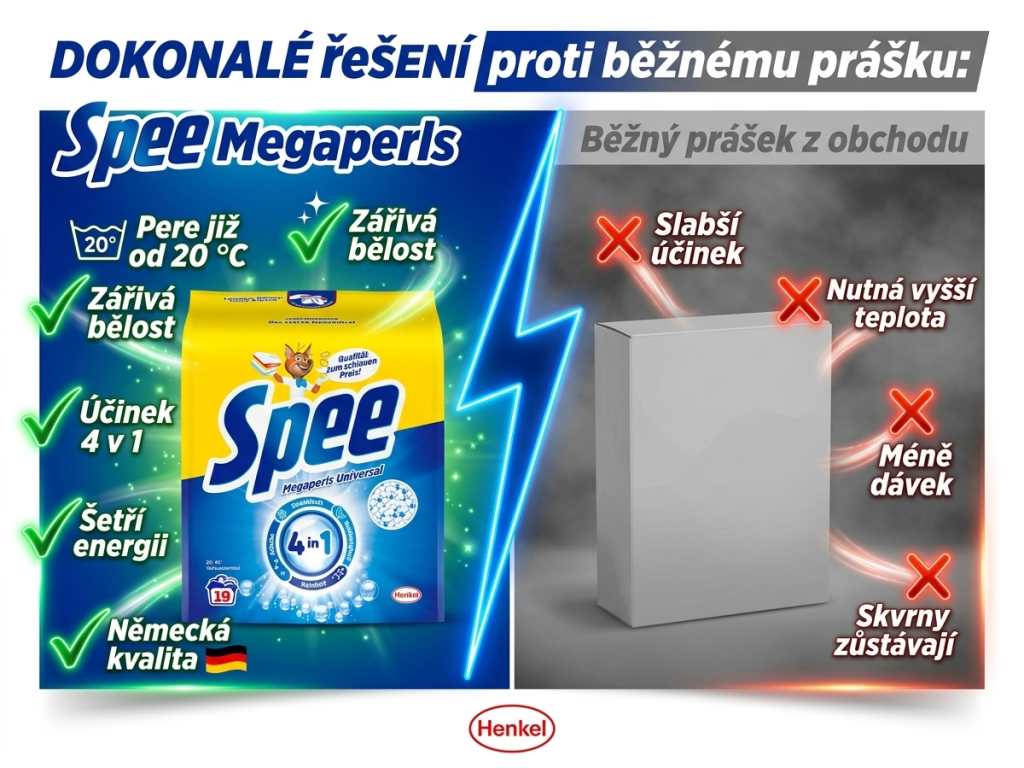 Srovnání Spee Megaperls 4v1 s běžným pracím práškem