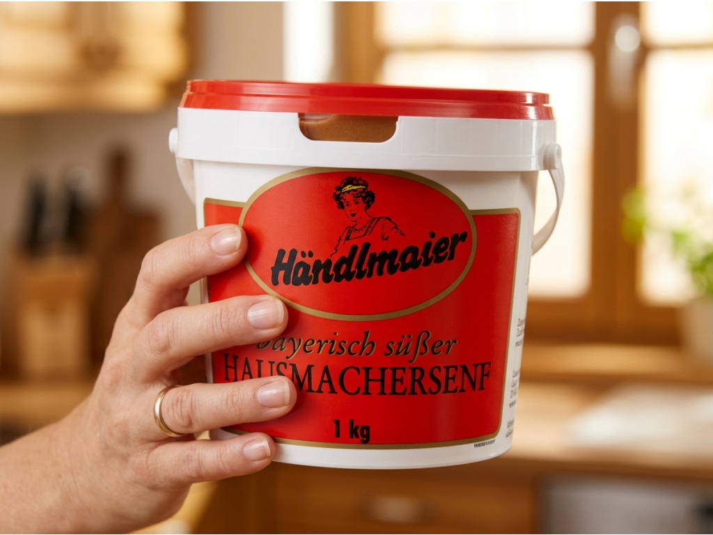 Händlmaier bavorská sladká hořčice 1 kg v ruce