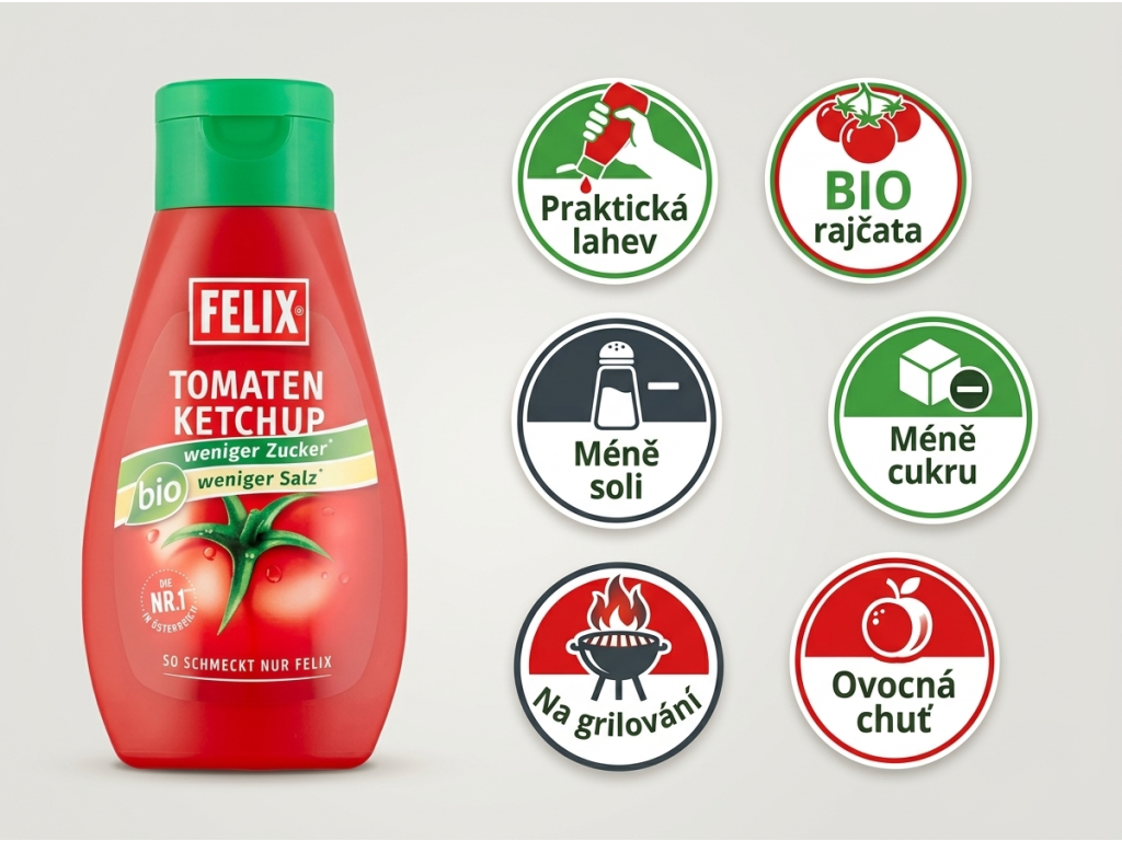 Felix BIO čistý kečup s méně cukrem a soli 435g - přehled hlavních výhod