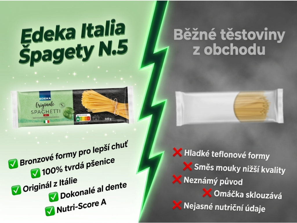 Srovnání Edeka Italia spaghetti N.5 s běžnými těstovinami