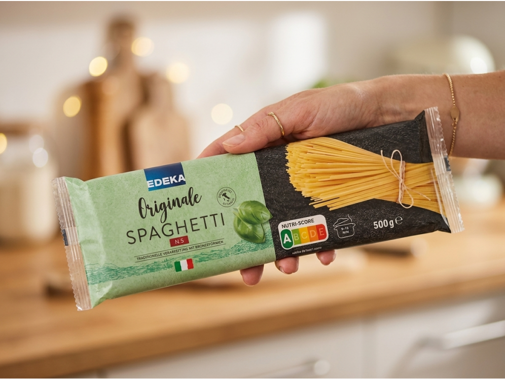 Edeka Italia spaghetti N.5 držené v ruce