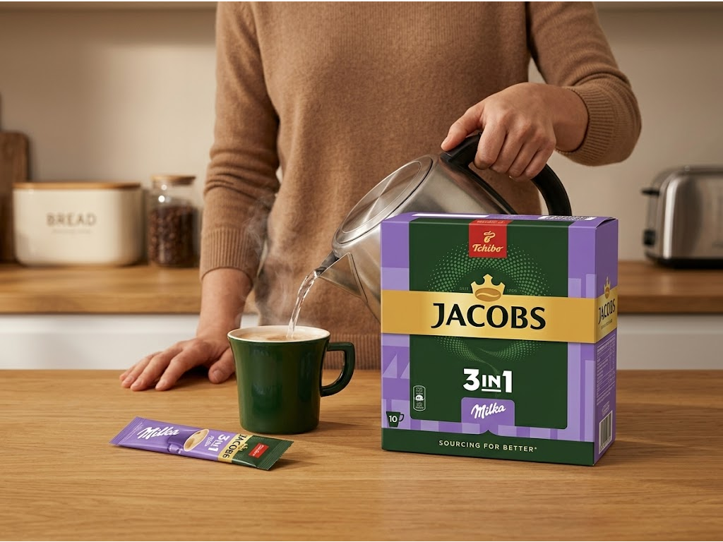 Jacobs instantní káva 3v1 s příchutí Milka 10ks 124 g - příprava nápoje