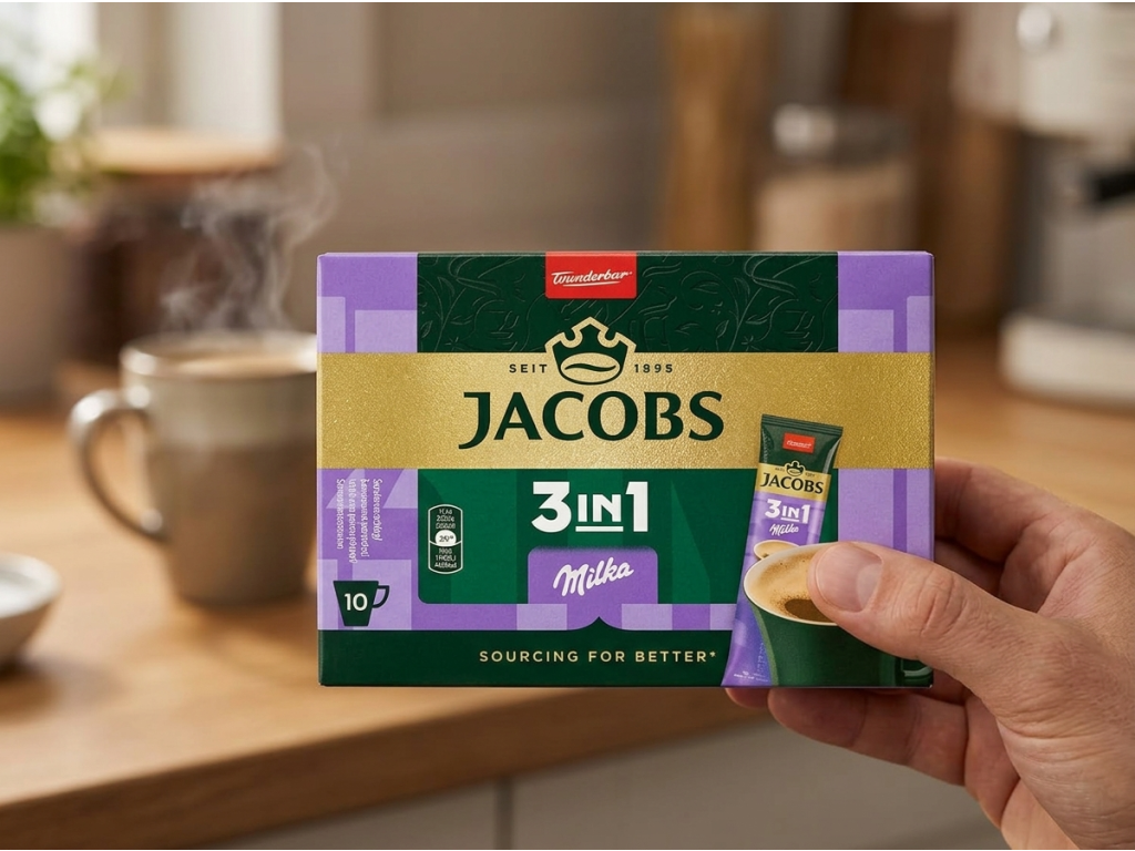 Jacobs instantní káva 3v1 s příchutí Milka 10ks 124 g - balení v ruce