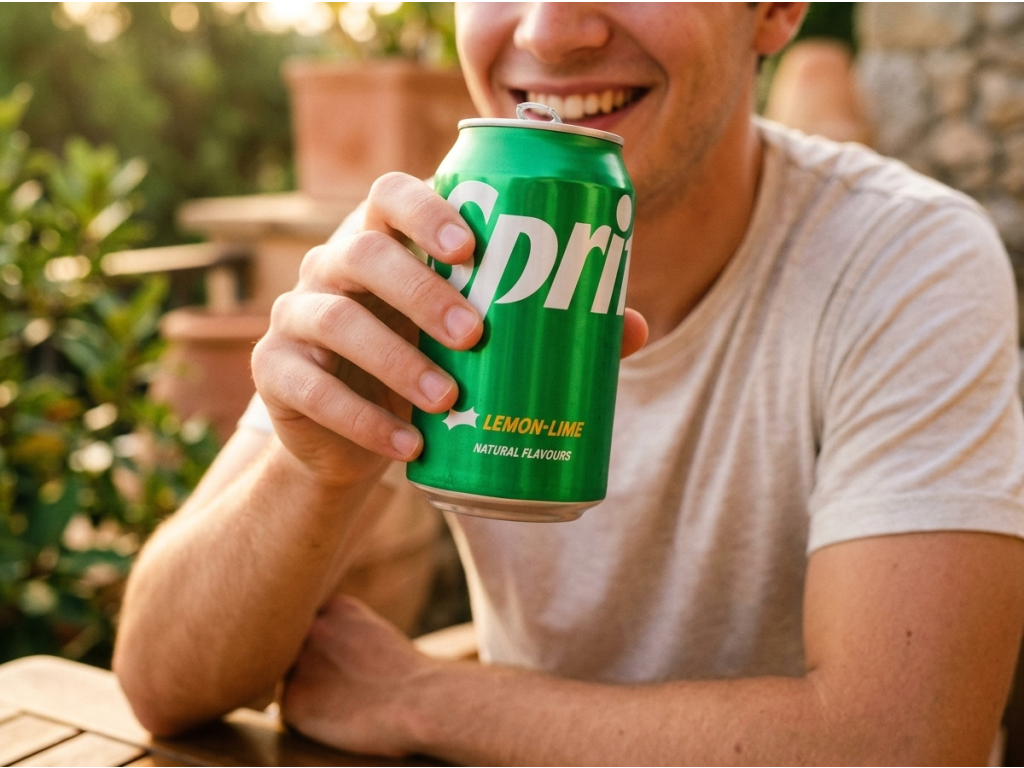 Mladý člověk si vychutnává Sprite Lemon-Lime 0,33 l