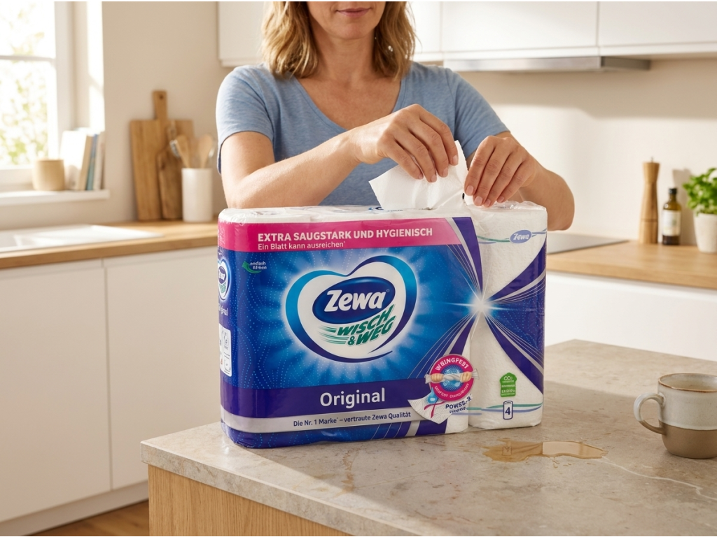 Žena utírá rozlitou tekutinu utěrkou Zewa Original v kuchyni