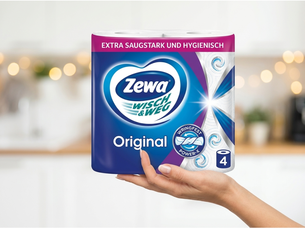 Balení kuchyňských utěrek Zewa Original držené v ruce