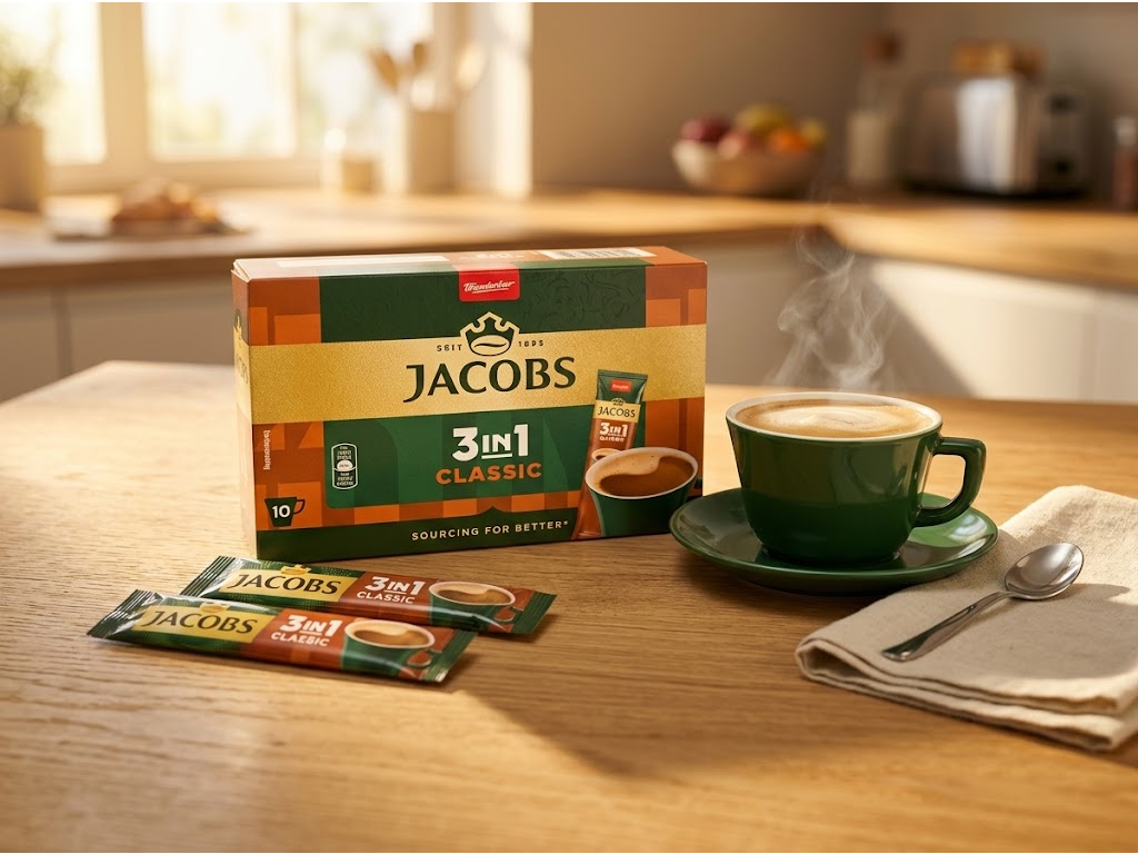 Jacobs 3v1 Classic instantní káva v kuchyni