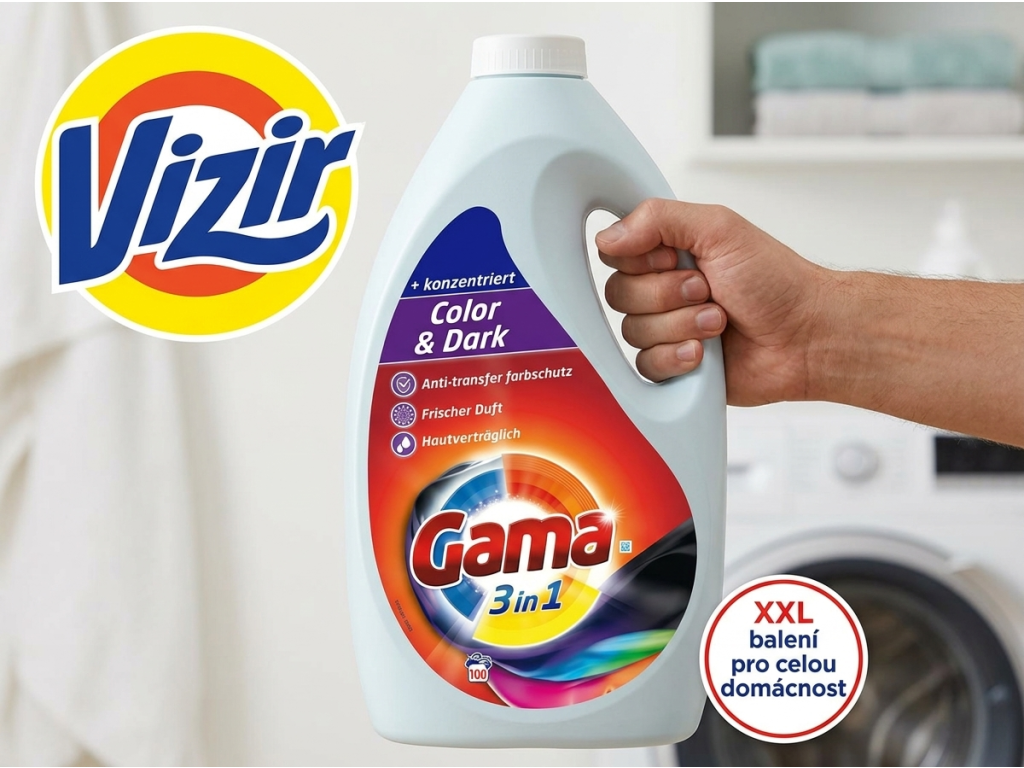 Vizir Gama XXL Color prací gel 4,5 l držený v ruce