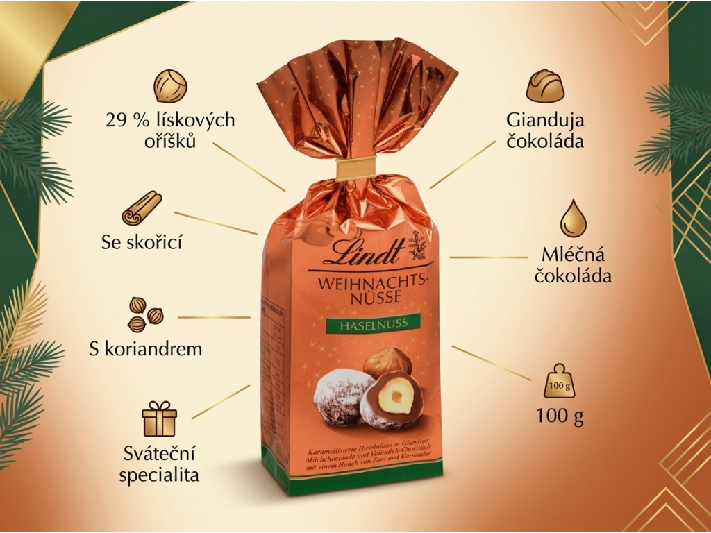 Lindt Vánoční lískový oříšek v čokoládě 100g - hlavní vlastnosti