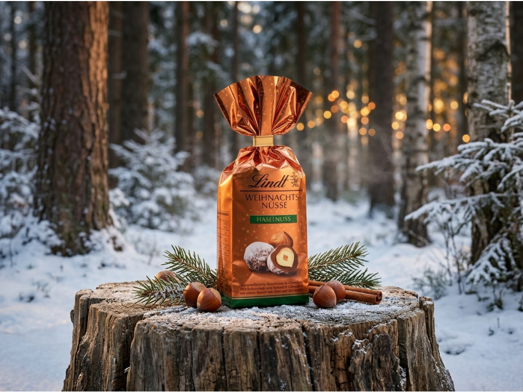 Lindt Vánoční lískový oříšek v čokoládě 100g - zimní prostředí