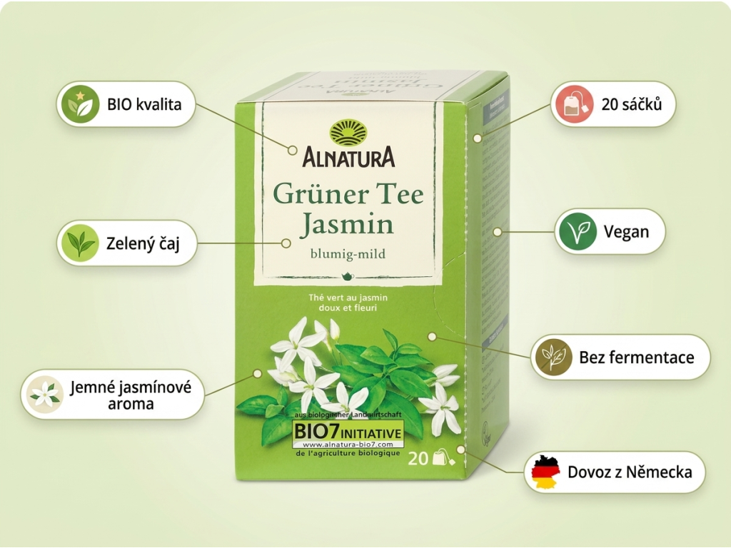 Alnatura BIO zelený čaj s jasmínem - přehled výhod