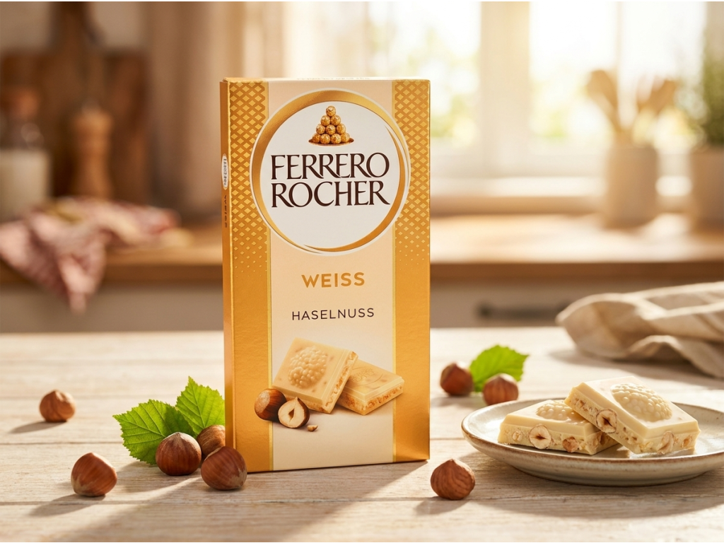 Ferrero Rocher Weiss s lískovými oříšky na dřevěném stole