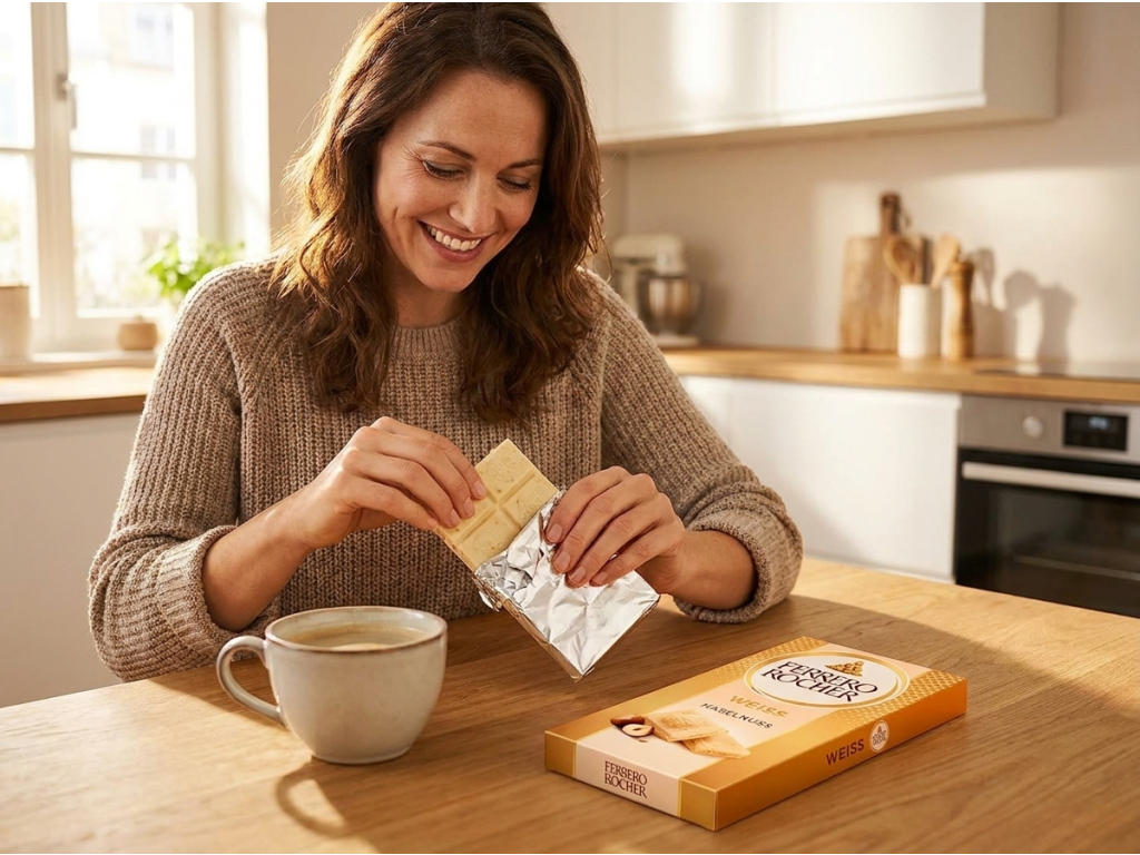 Žena si vychutnává Ferrero Rocher Weiss ke kávě