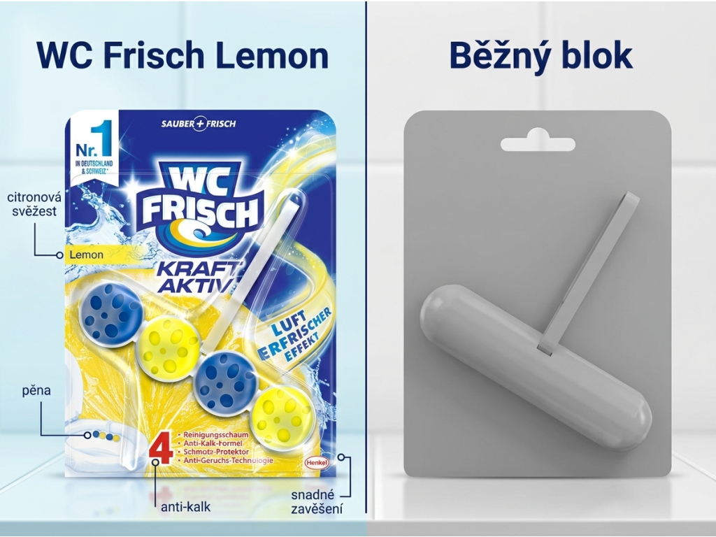 Srovnání WC Frisch Lemon s běžným WC blokem