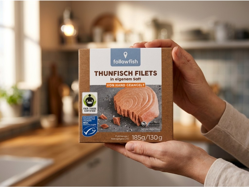 Followfish tuňákové filety ve vlastní šťávě MSC Fair Trade 185 g - konzerva v ruce