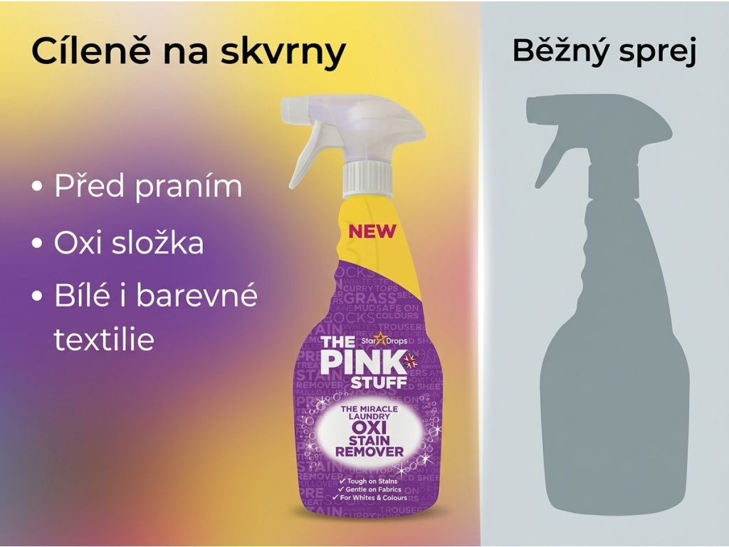 Srovnání The Pink Stuff odstraňovače skvrn s běžným sprejem