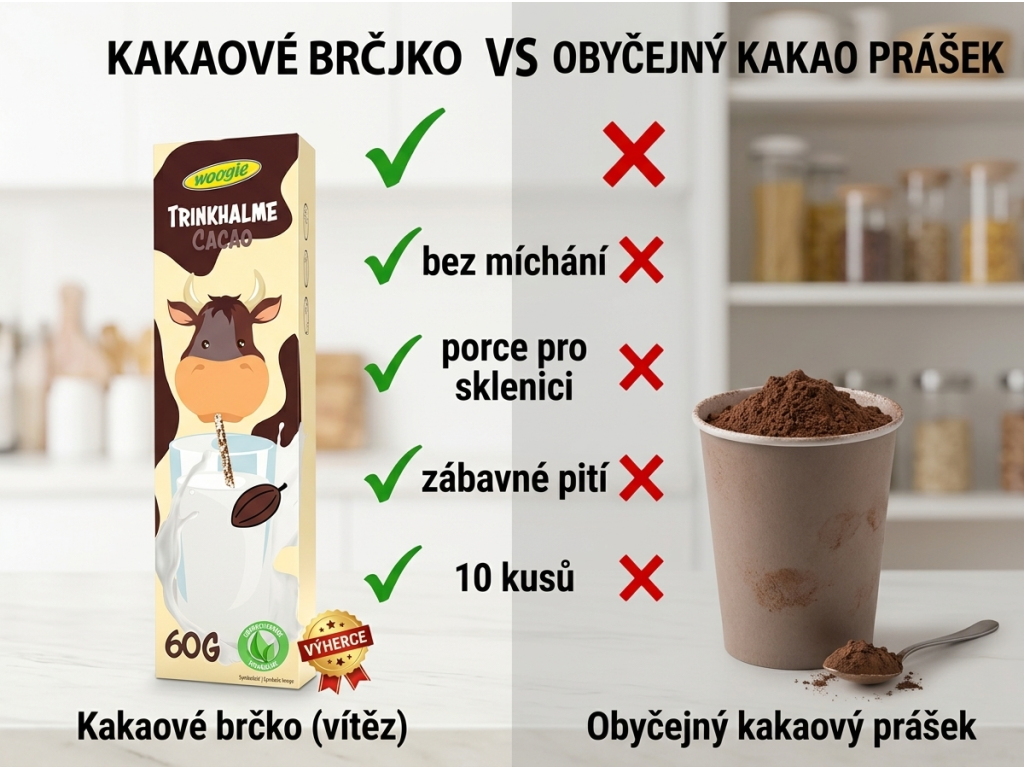 Srovnání Woogie kakaových brček s běžným kakaem