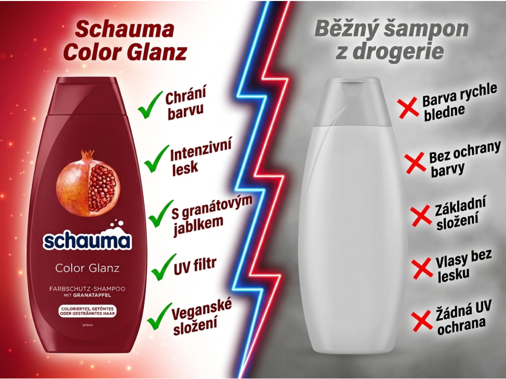 Srovnání šamponu Schauma Color Glanz s běžným šamponem