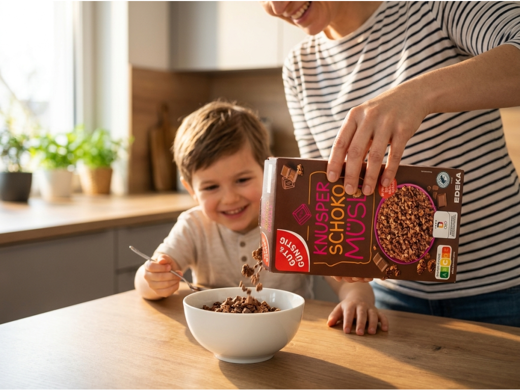 G&G křupavé müsli s čokoládou při rodinné snídani