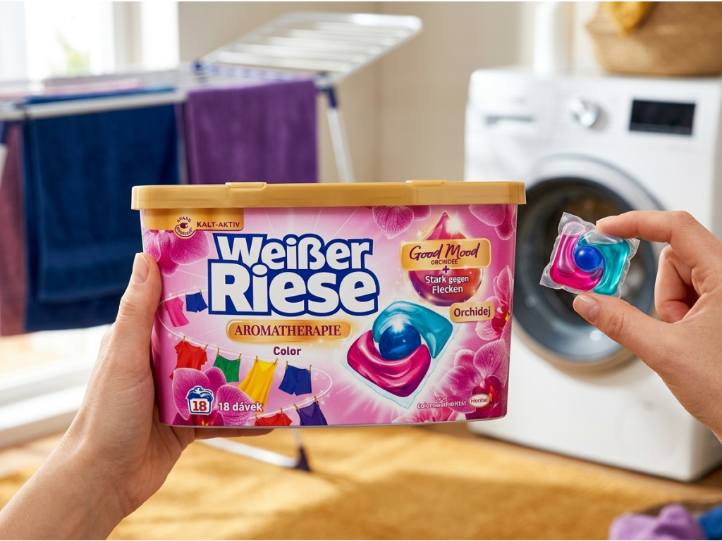 Weisser Riese Color Trio Caps Orchidej vanička a kapsle v ruce