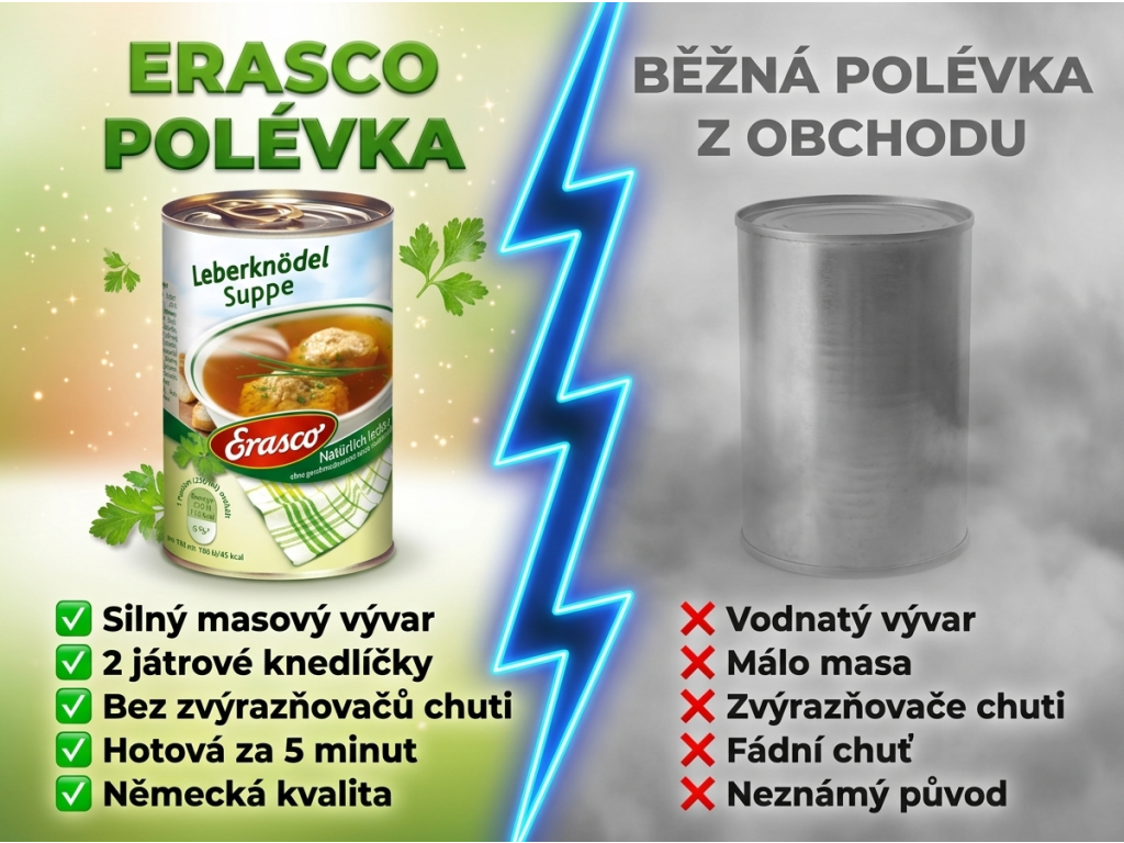 Erasco polévka s játrovými knedlíčky - srovnání s běžnou polévkou