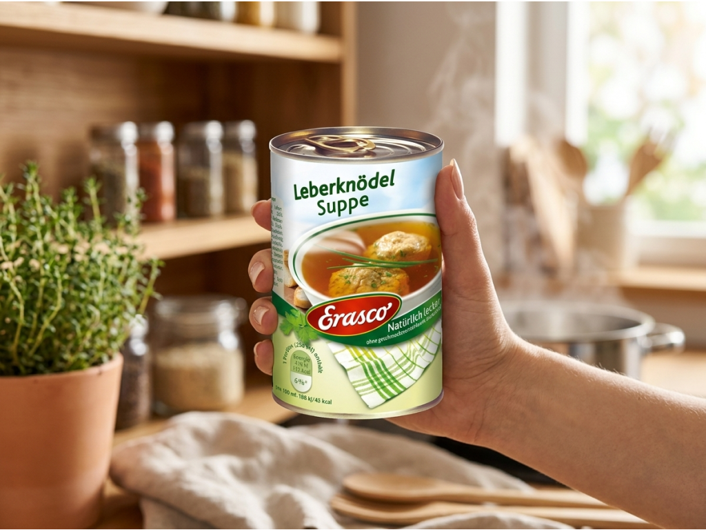Erasco polévka s játrovými knedlíčky - konzerva v ruce
