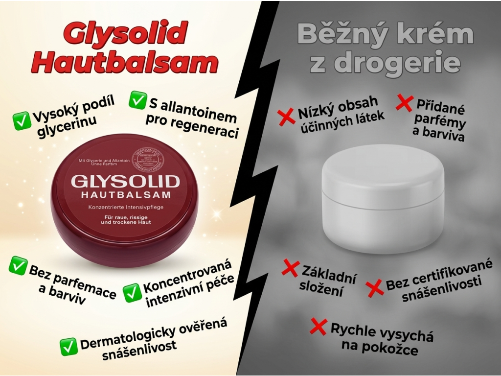 Glysolid pečující krémový balzám na pokožku 100 ml - srovnání s běžným krémem