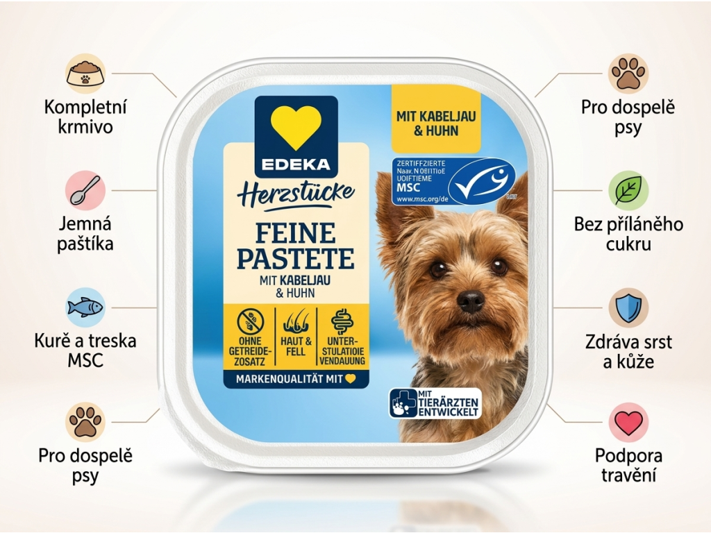 Edeka paštika pro psy s kuřecím a treskou 150 g - přehled výhod