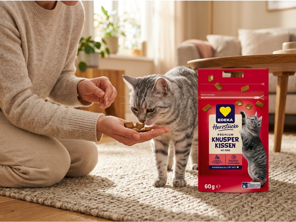 Kočka dostává Edeka Herzstücke Knusper Kissen z ruky