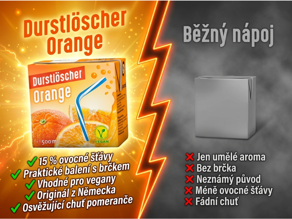 Durstlöscher Osvěžující nápoj s pomerančem 500ml – srovnání s běžným nápojem