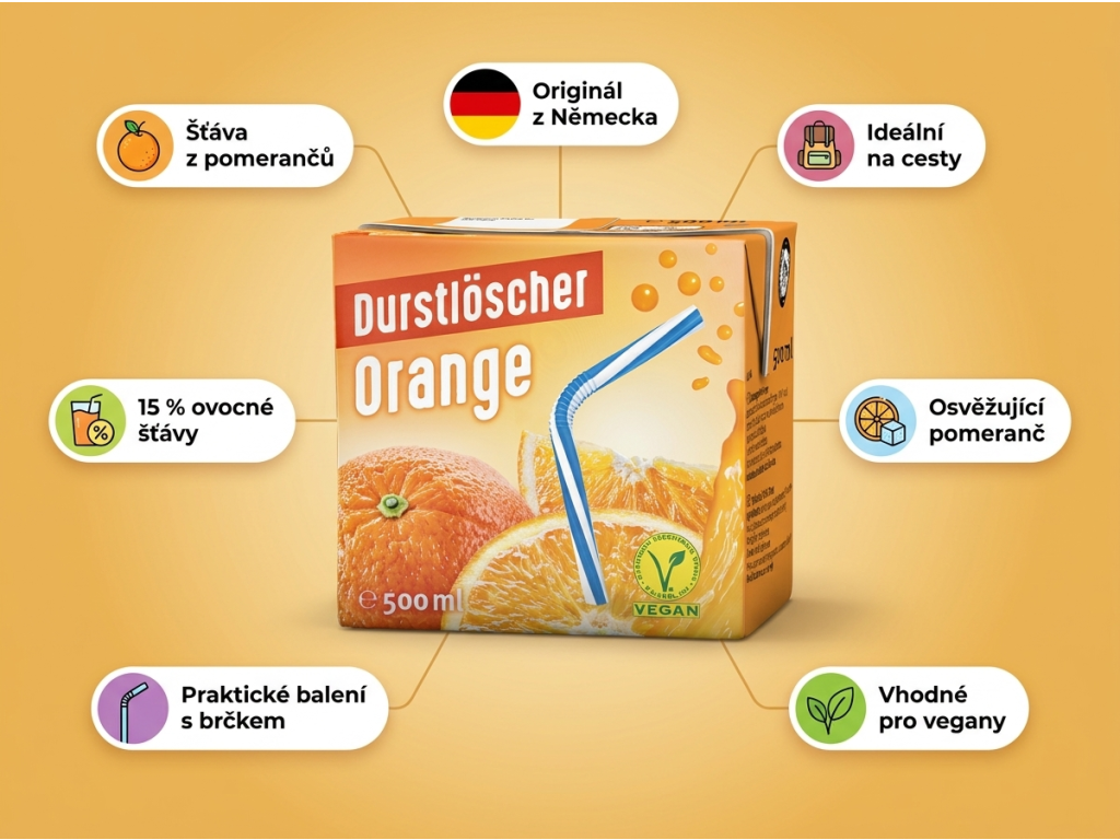 Durstlöscher Osvěžující nápoj s pomerančem 500ml – infografika výhod