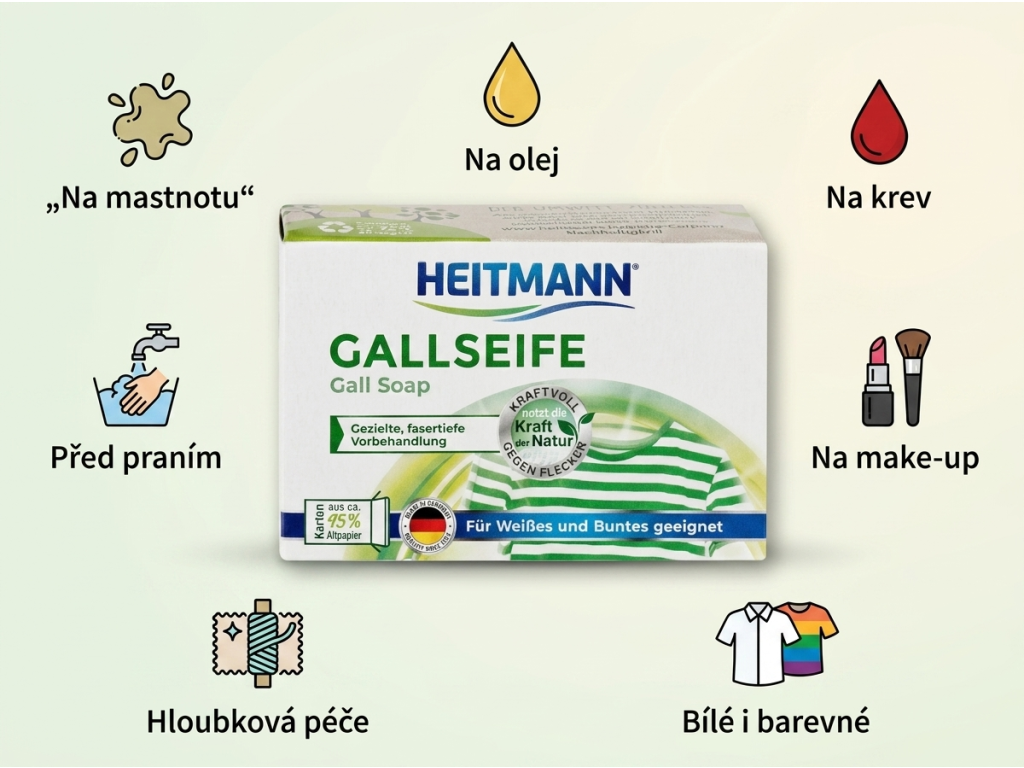Heitmann žlučové mýdlo - přehled použití na skvrny