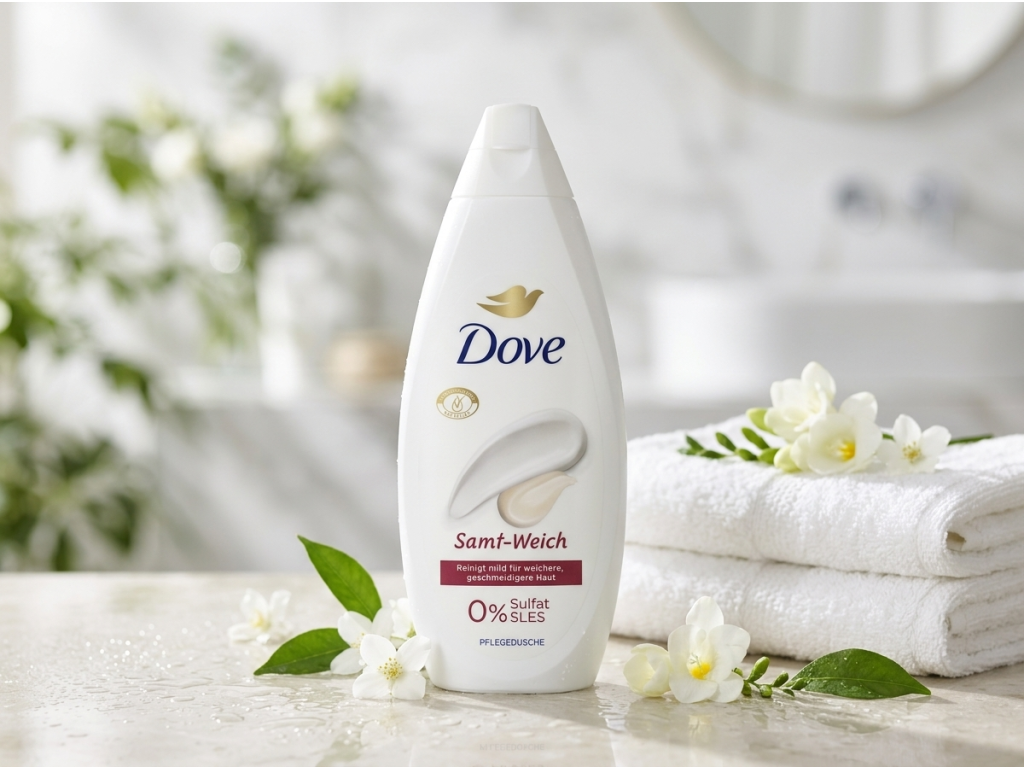 Dove sprchový gel Sametově jemný v koupelně