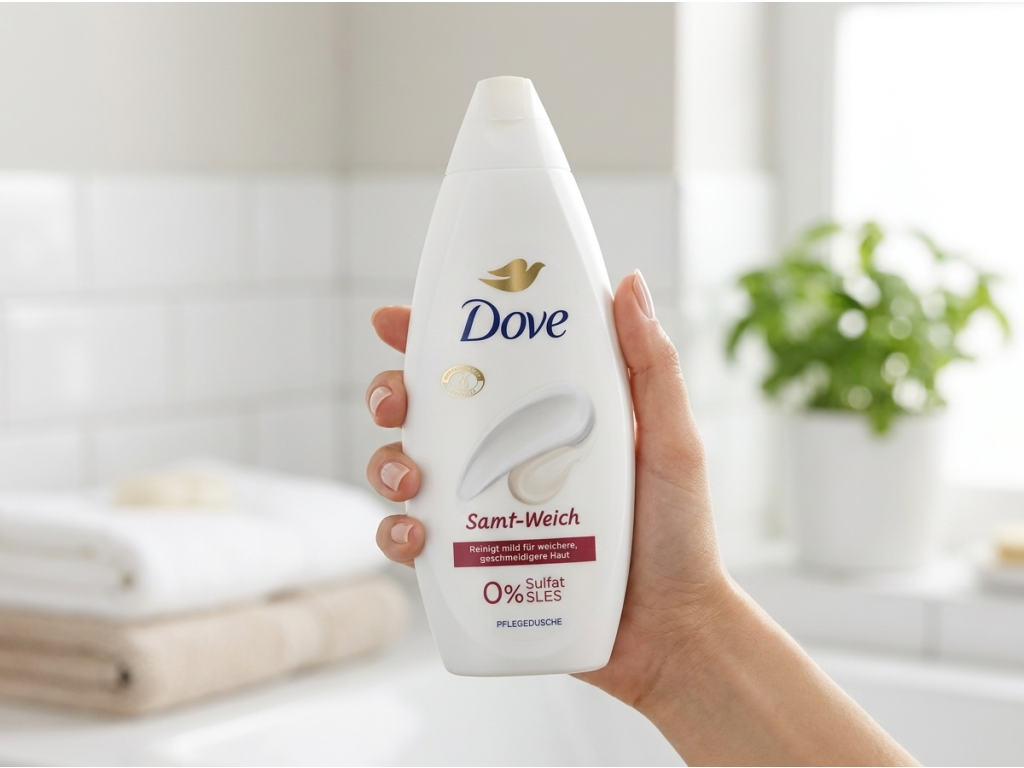 Dove sprchový gel Sametově jemný 250 ml v ruce