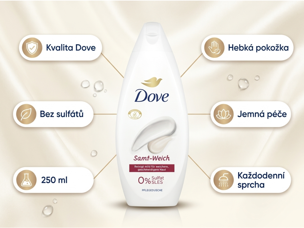 Dove sprchový gel Sametově jemný 250 ml - přehled výhod