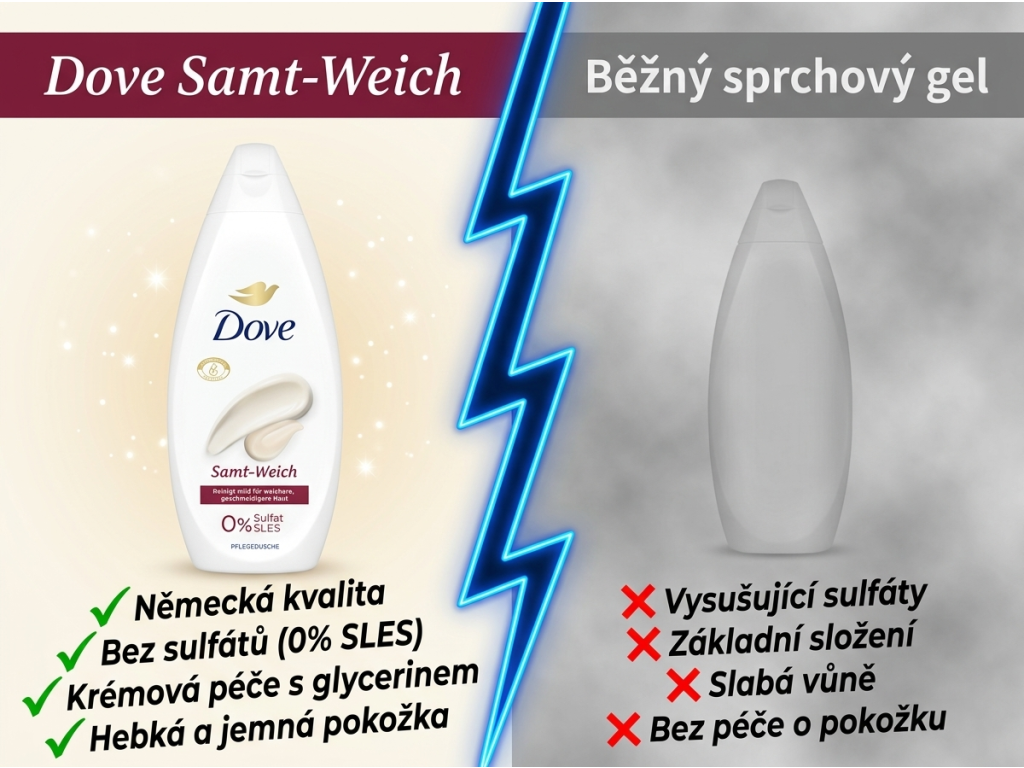 Srovnání Dove sprchový gel Sametově jemný s běžným gelem
