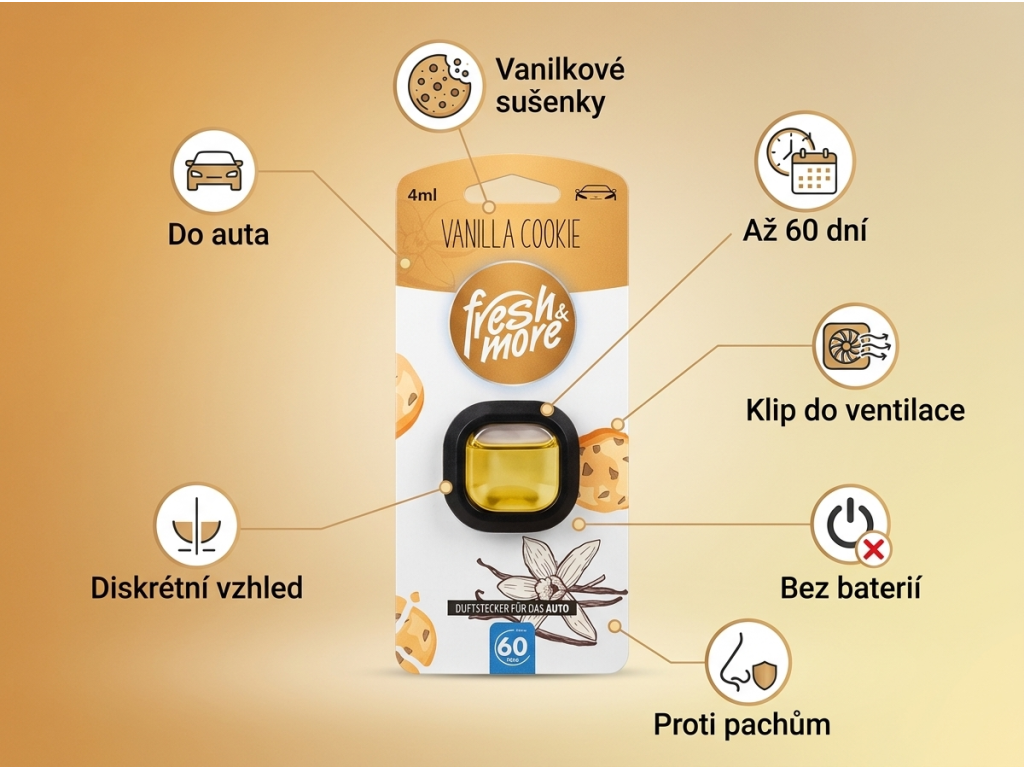 Fresh & More Osvěžovač vzduchu do auta Vanilla Cookie 4 ml - infografika