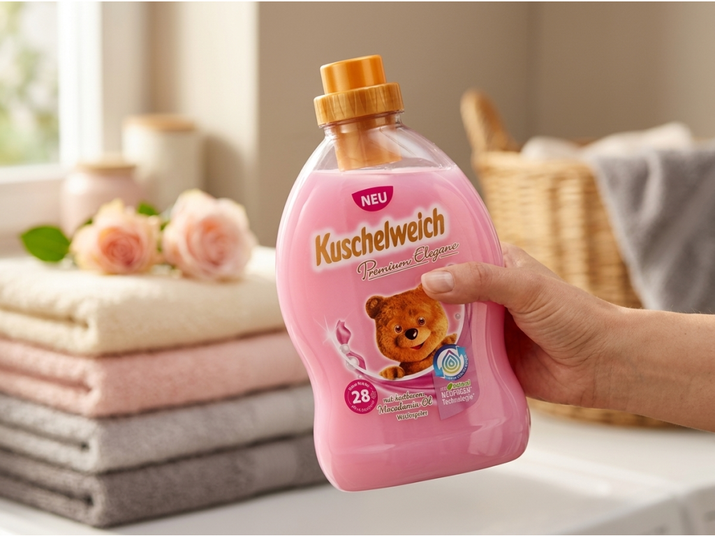 Kuschelweich Premium Elegance s makadamským olejem 28 dávek 750 ml - lahev v ruce