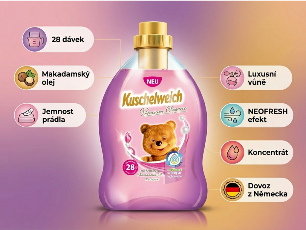 Kuschelweich Premium Elegance s makadamským olejem 28 dávek 750 ml - infografika výhod