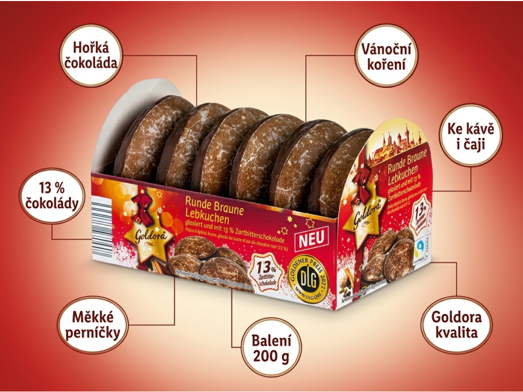 Goldora kulaté hnědé perníčky s hořkou čokoládou 200g - infografika