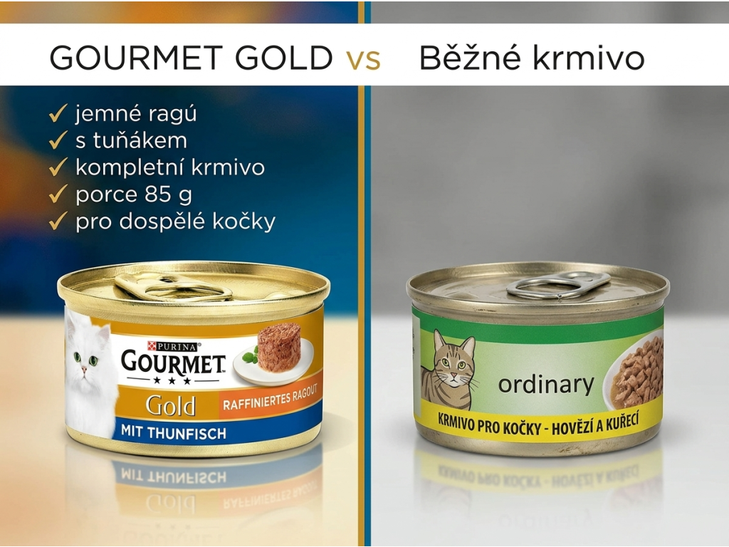 Srovnání Purina GOURMET Gold s běžným krmivem