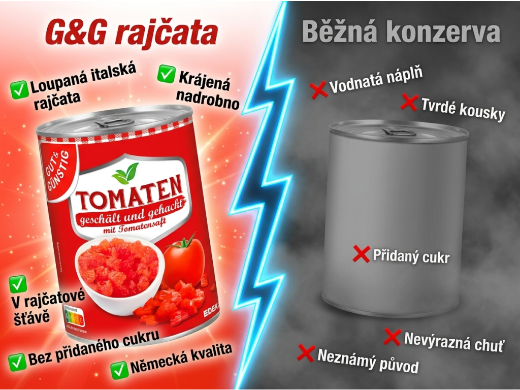 Srovnání G&G rajčata na kousky, loupaná 400 g s běžnou konzervou