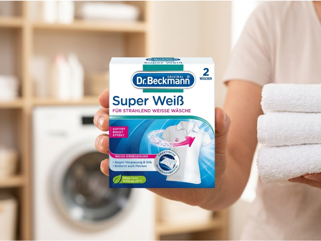 Balení Dr. Beckmann Super Weiß v ruce v prádelně