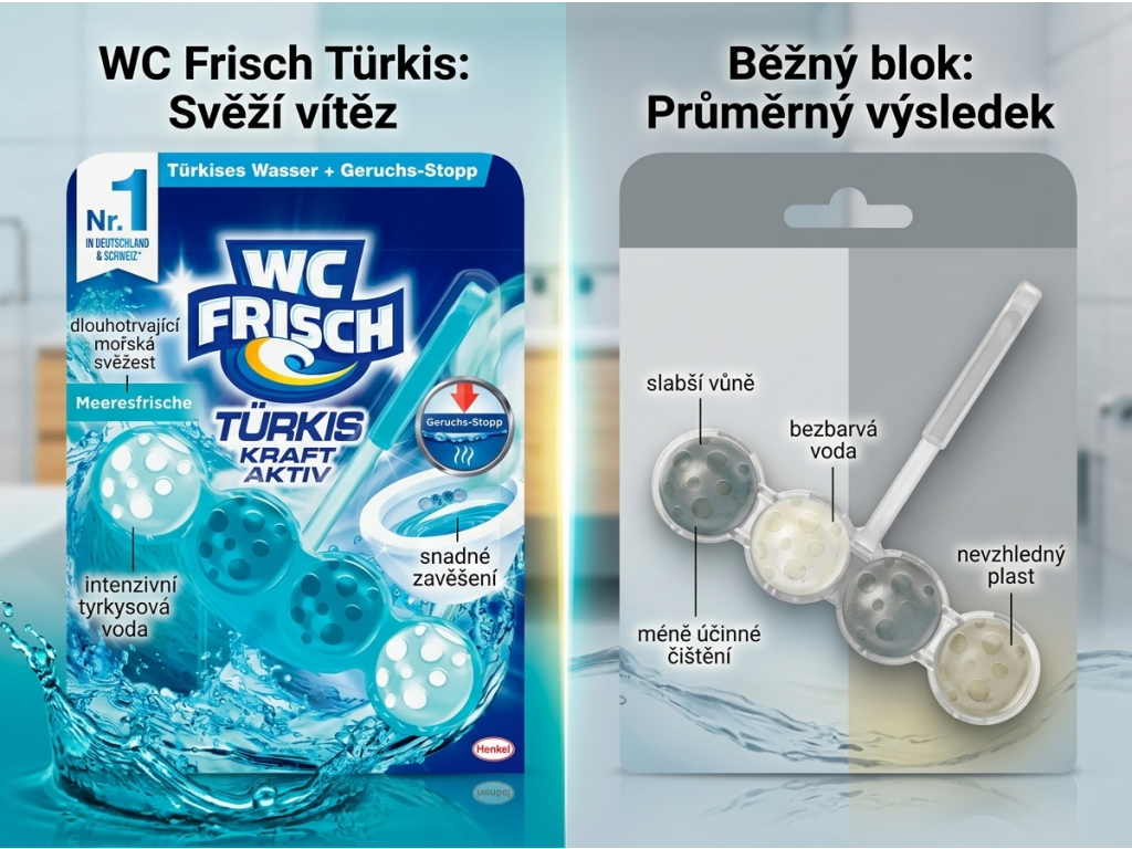 Srovnání WC Frisch Türkis s běžným WC blokem
