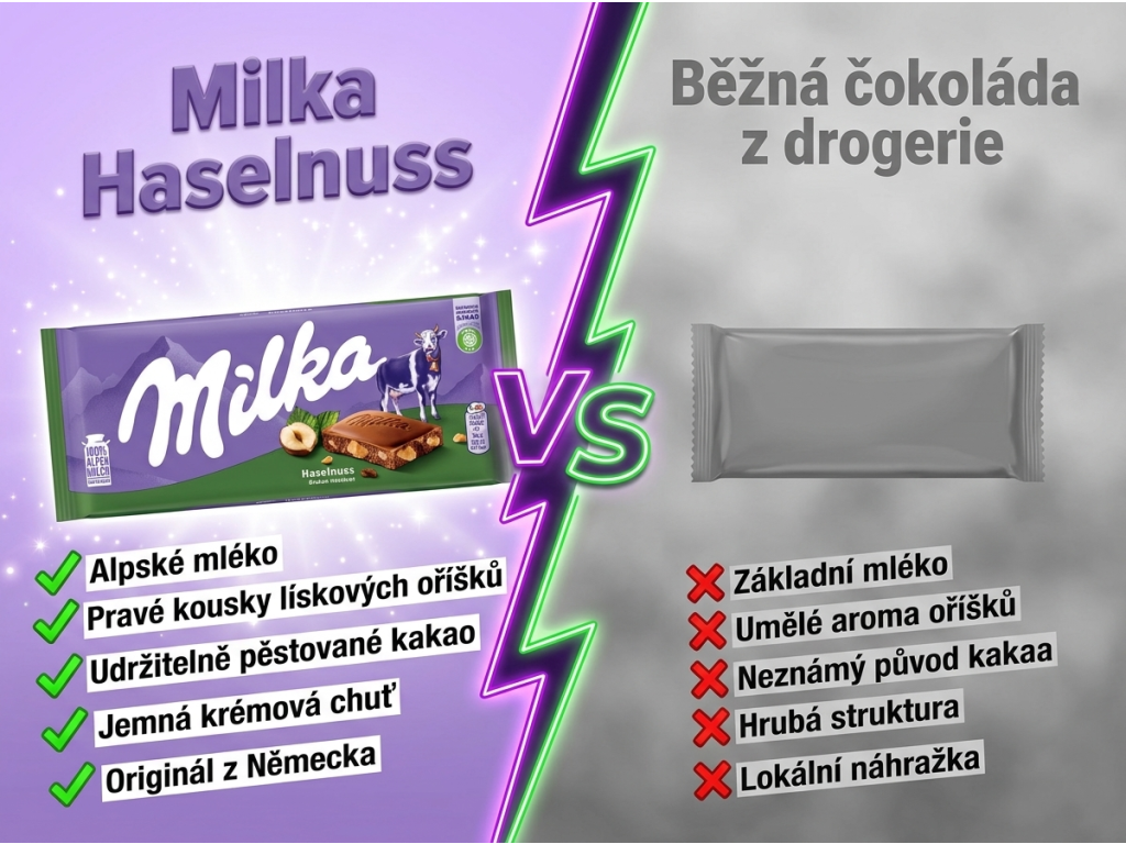 Milka čokoláda s lískovými ořechy 90g - srovnání s běžnou čokoládou