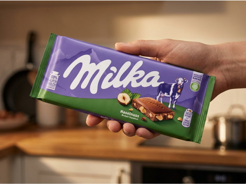 Milka čokoláda s lískovými ořechy 90g držená v ruce